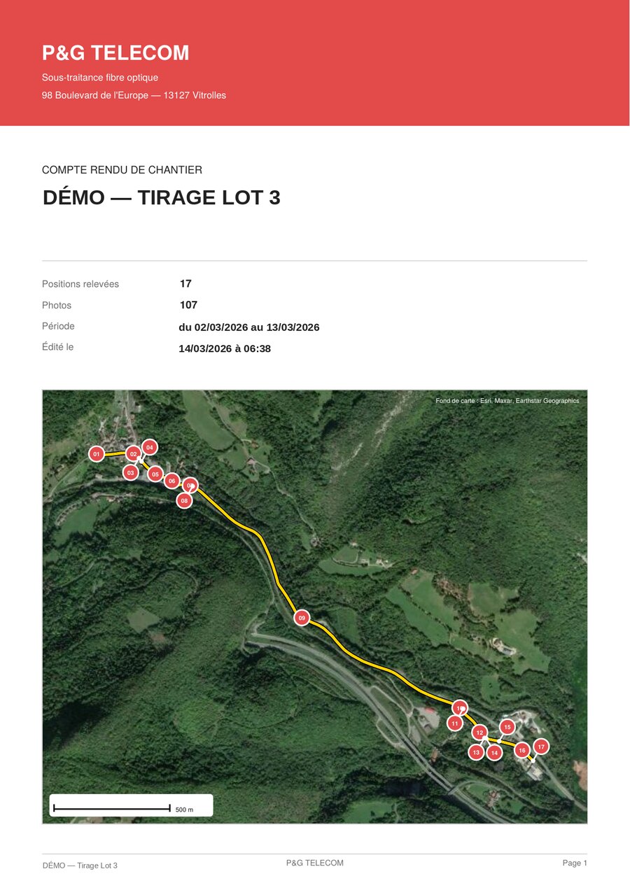 Page de garde d'un compte rendu de chantier : plan aérien du linéaire, dix-sept positions numérotées dans l'ordre du câble, nombre de photos et période d'intervention.